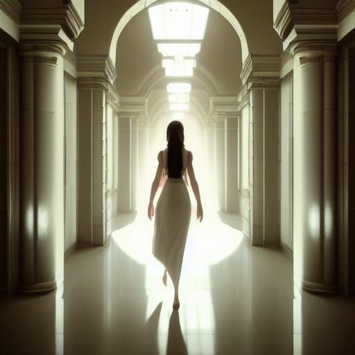 Elegant Woman in Corridor: Hyperdetailed Concept Art