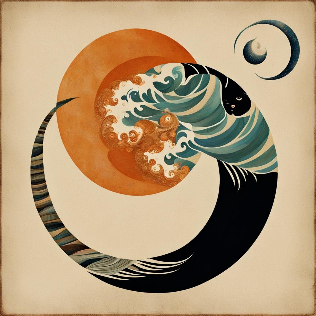 Retro Collage with Fibonacci Spiral, Koi and Moon