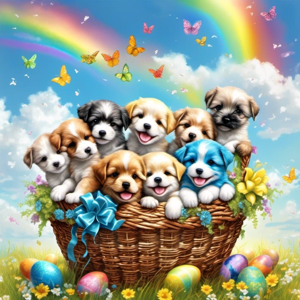 Rainbow Puppies in Easter Basket on Sunny Day