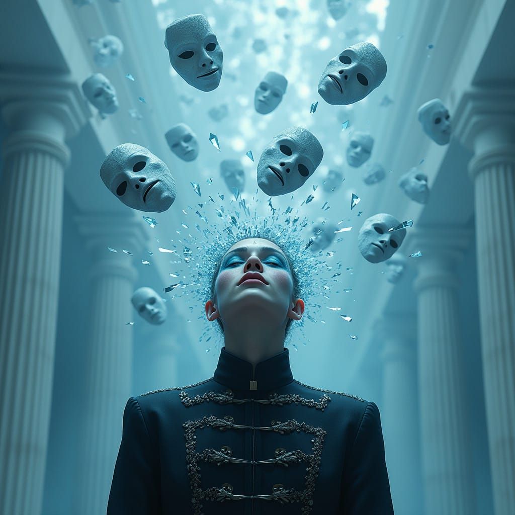 Surreal Figure in Dark Ornate Uniform with Shattered Glass M...