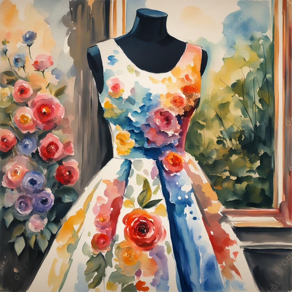 Dress on Mannequin as Gouache Impressionist Painting