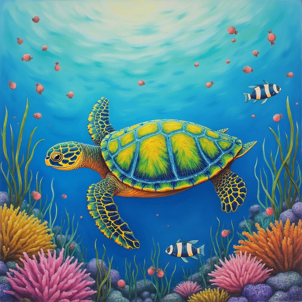 Vibrant Turtle Dives in Coral Reef, Inspired by Colored Penc...