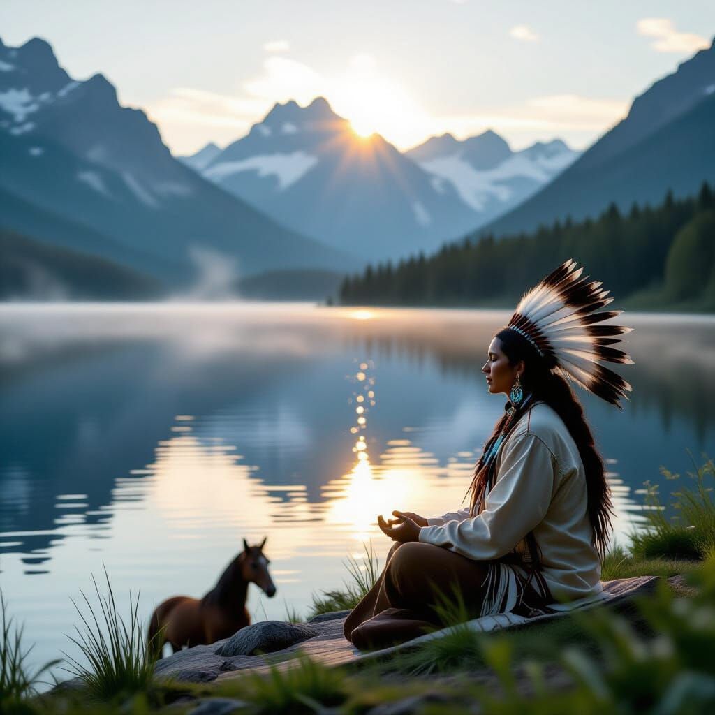Native American Shaman Meditating at Sunrise