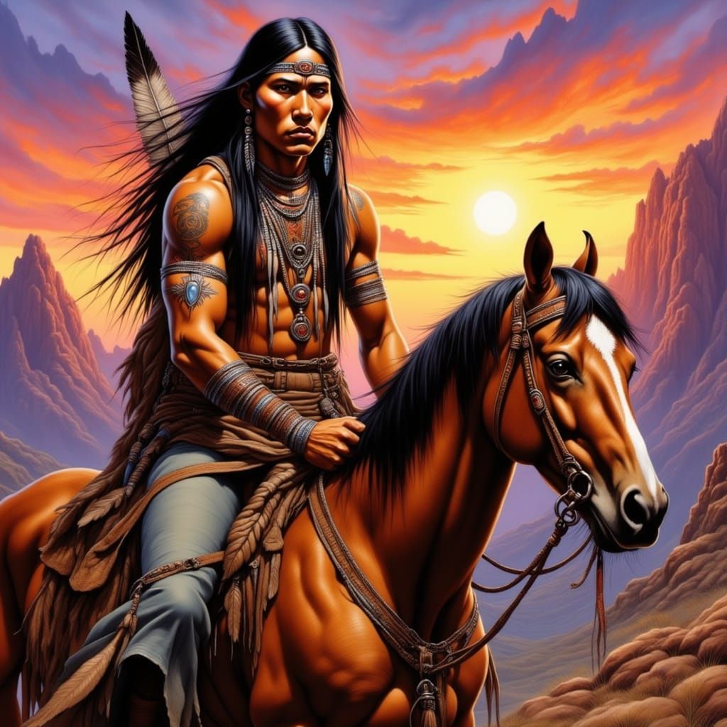 Native American Warrior on Horseback at Dawn