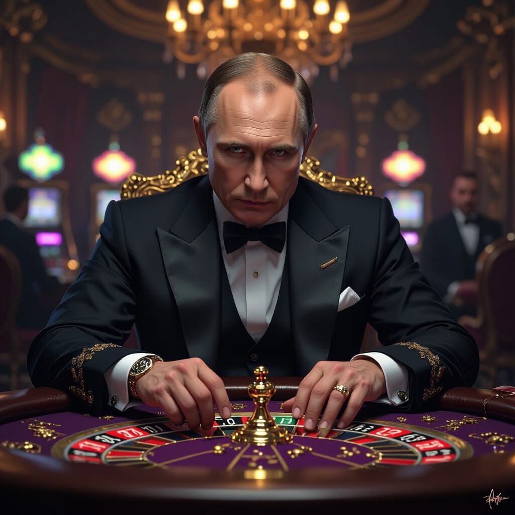 Putin Playing Roulette in Dark Fantasy Style