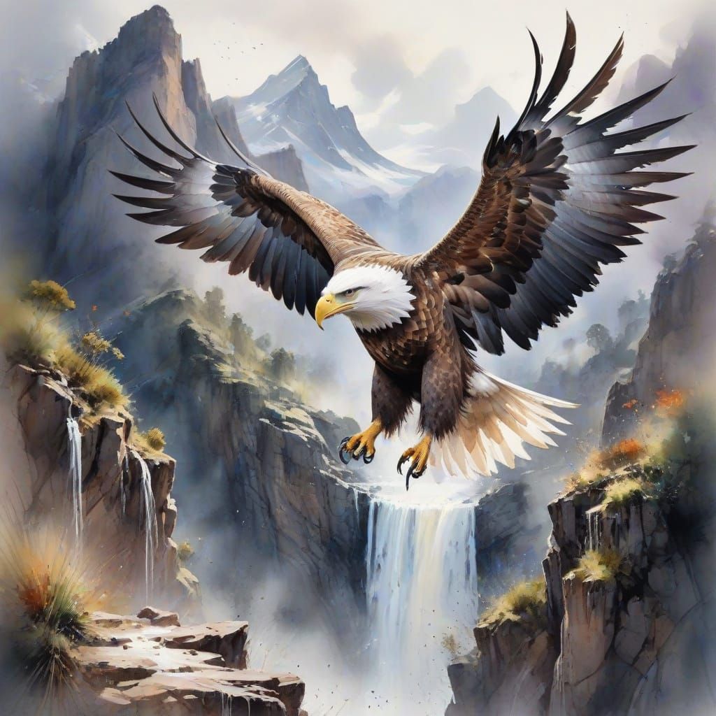 Ethereal Eagle Soars Above Turbulent Mountains in Vibrant Wa...