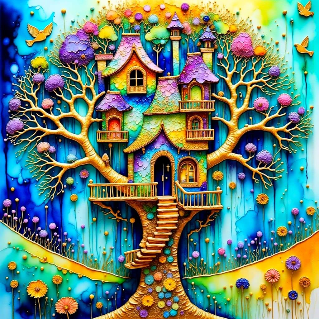 Whimsical Summer Treehouse Scene in Abstract Ink Style