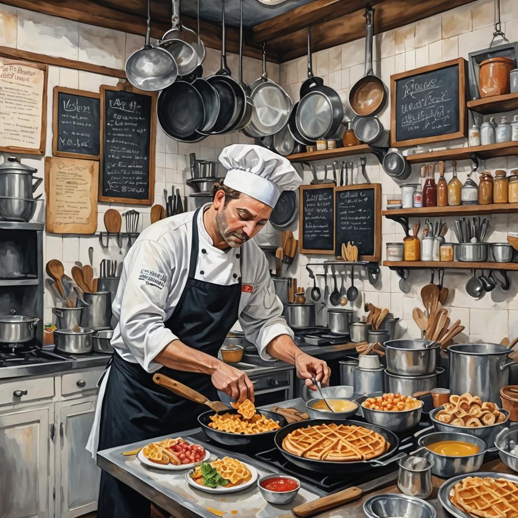 Restaurant Kitchen Scene in Gouache and Watercolor