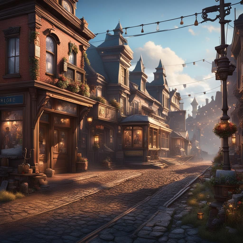 Detailed Matte Painting of a Small Town Main Street
