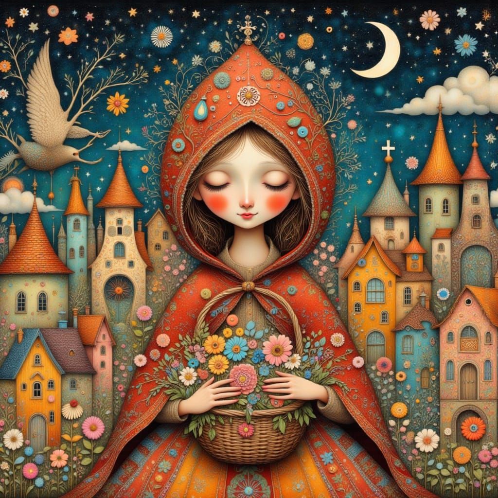 Whimsical Girl with Flowers in Folk Art Nouveau Style