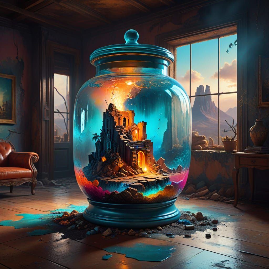 Ancient Civilization in Glass Container, Surreal Digital Art