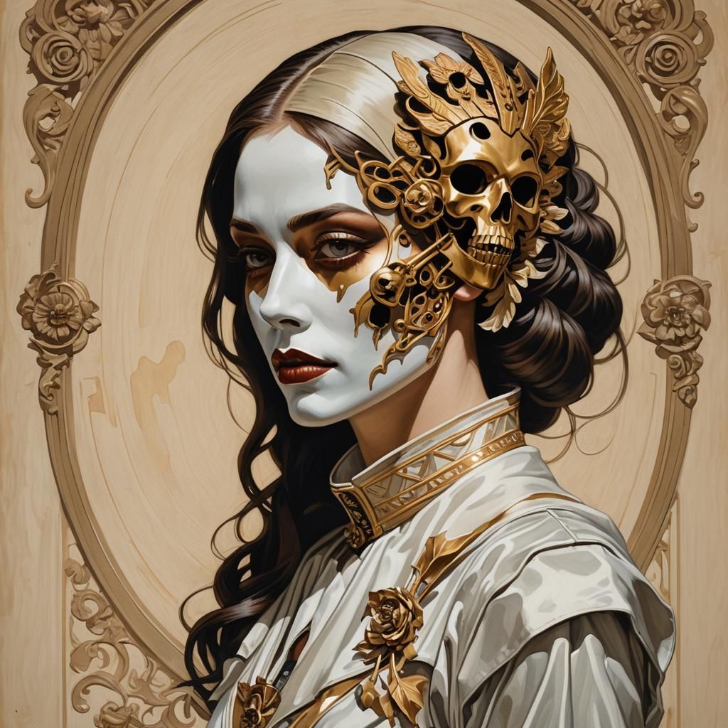 Girl with Death Mask in Illustration Style