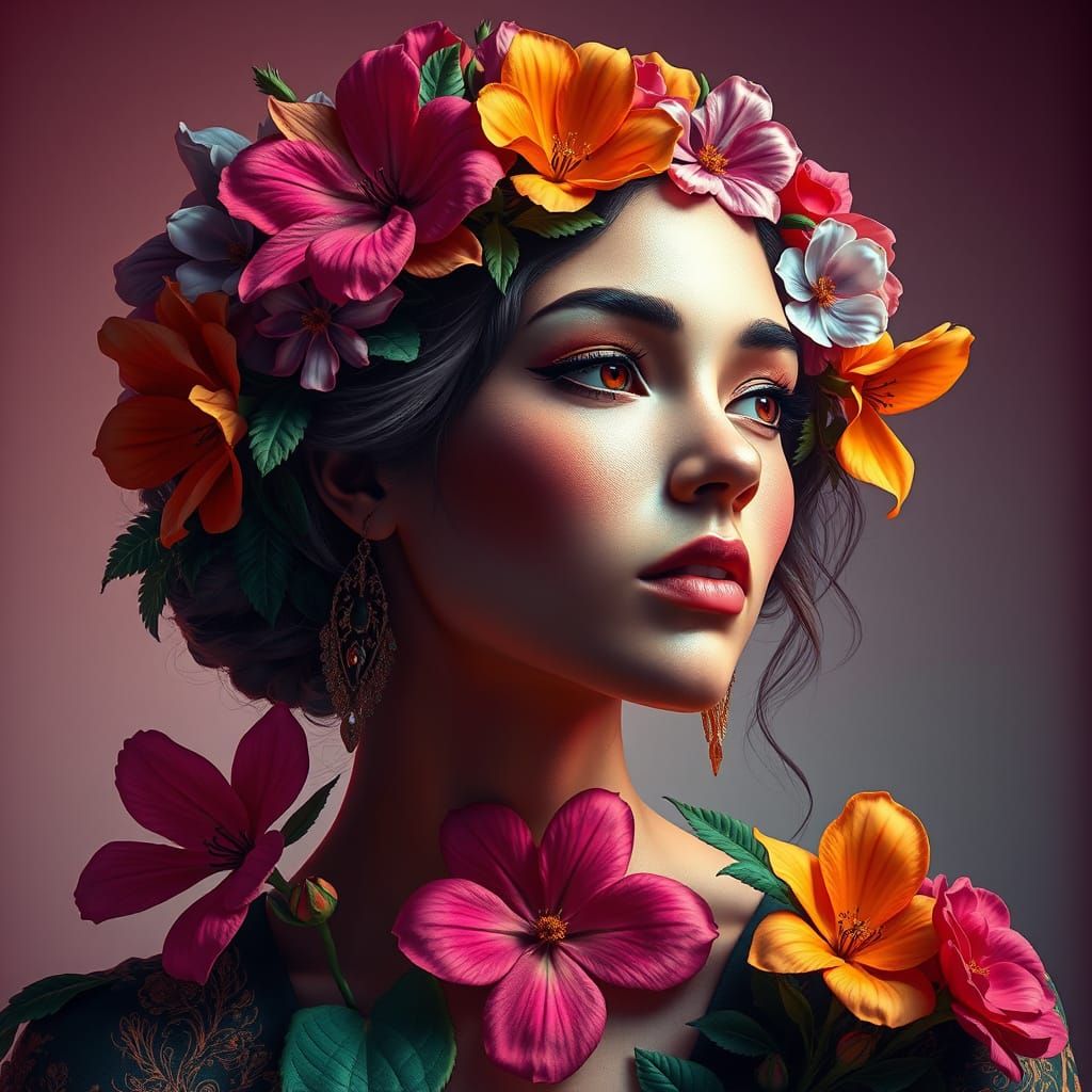 Hyper-Realistic Portrait of JANA in Vibrant Floral Splendor