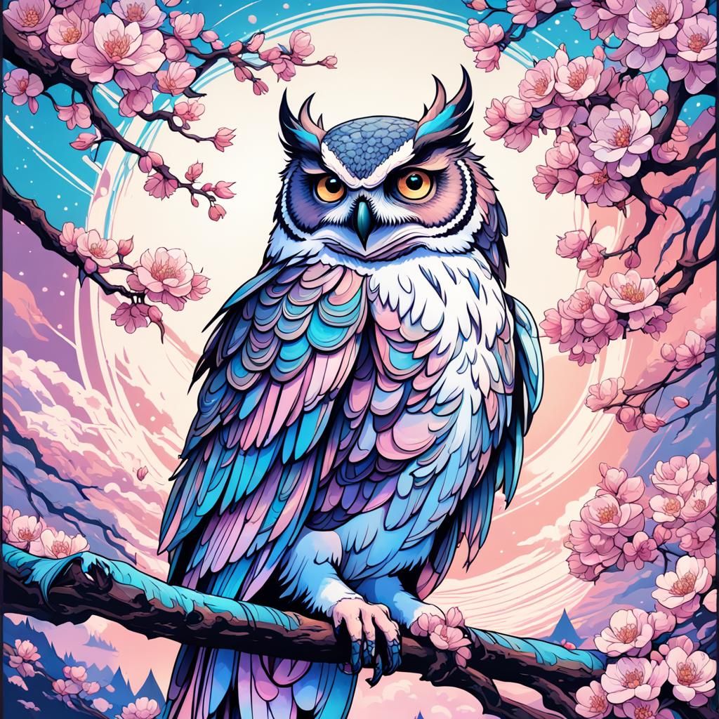 A beautiful female owl with winter white feathers, mauve and pink feathers