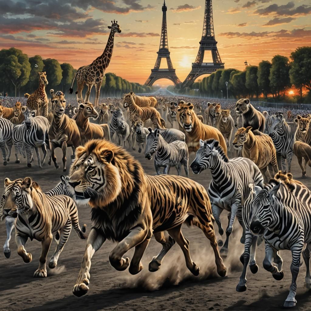 Animal Olympics Relay Race in Paris, Surreal Charcoal Art