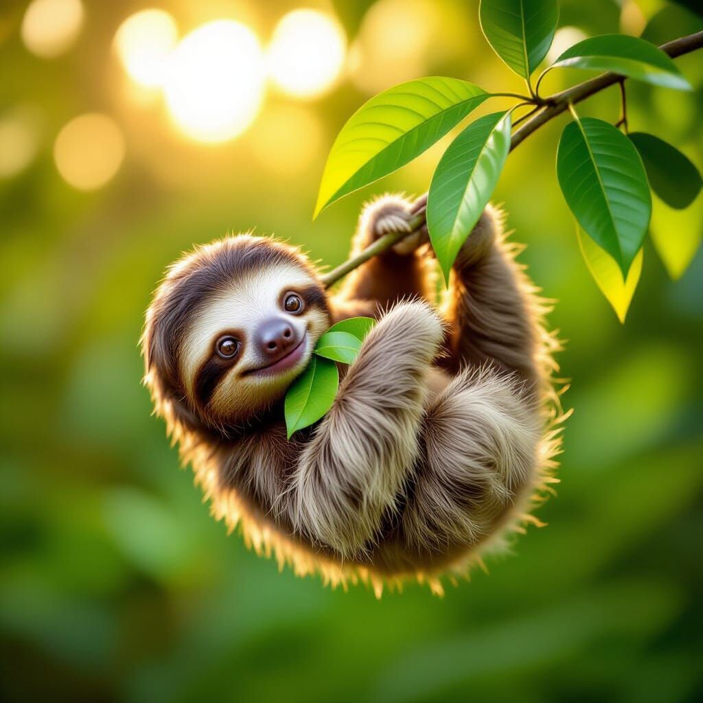 Baby Sloth Eating Leaves in Golden Hour Sunlight