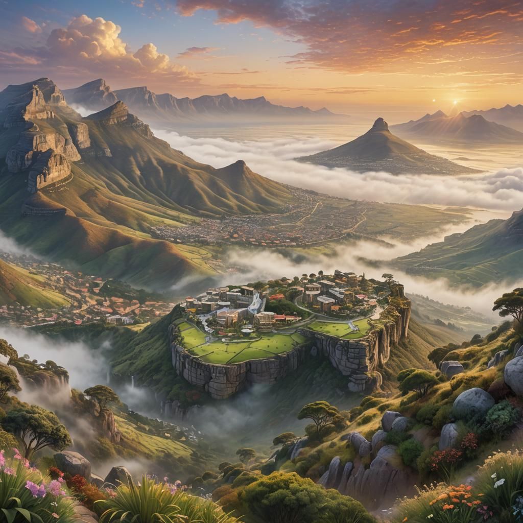 Misty Dawn Over Table Mountain: A Kinkade-Inspired Fantasy