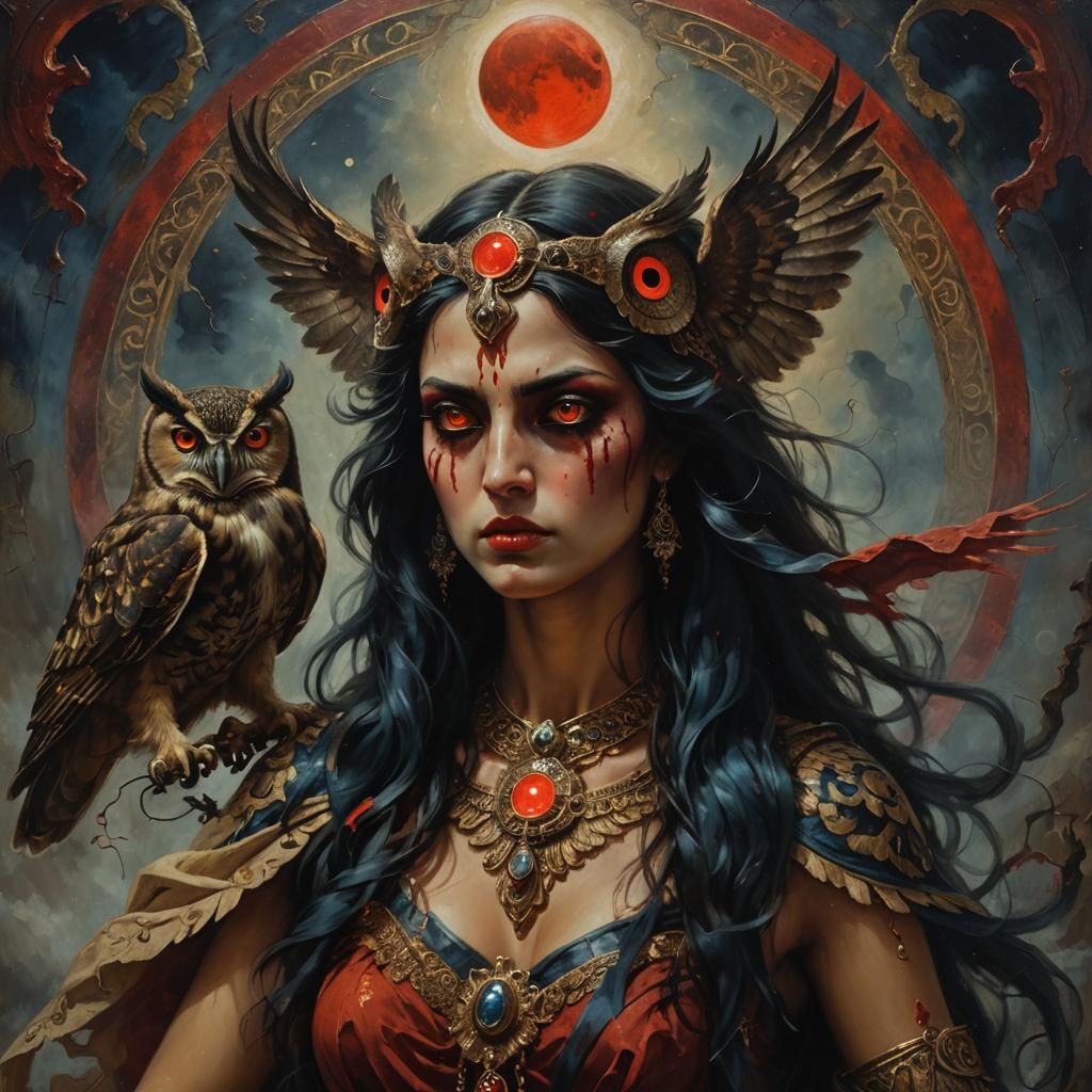 Goddess and Owl Under Blood Moon, in Baroque Style