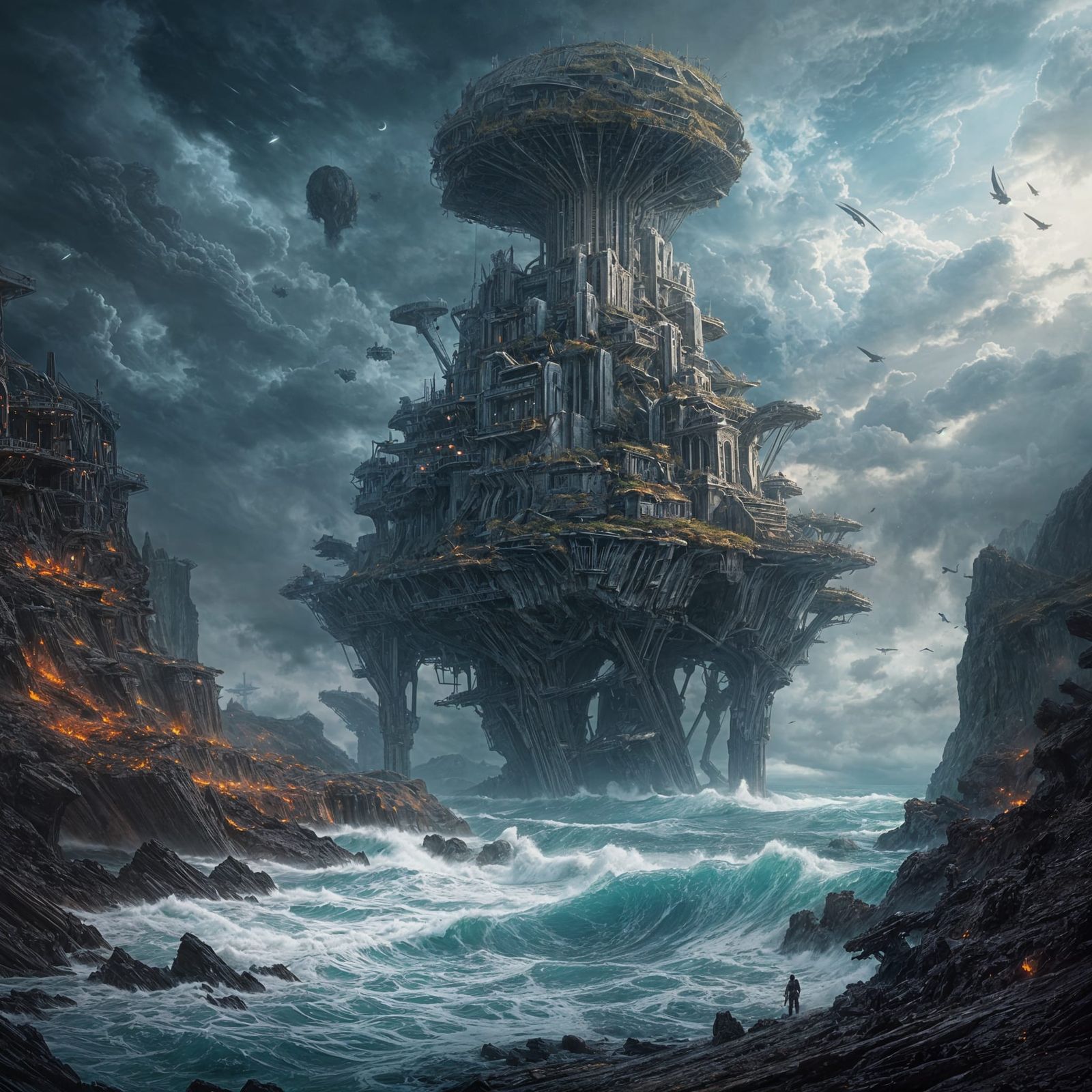 Alien Planet Ruin with Stormy Sea