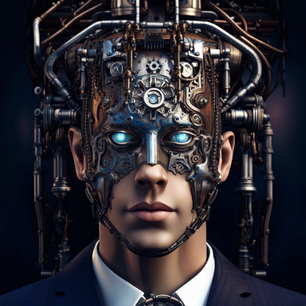Mechanical Man's Metal Face with Sapphire Eyes