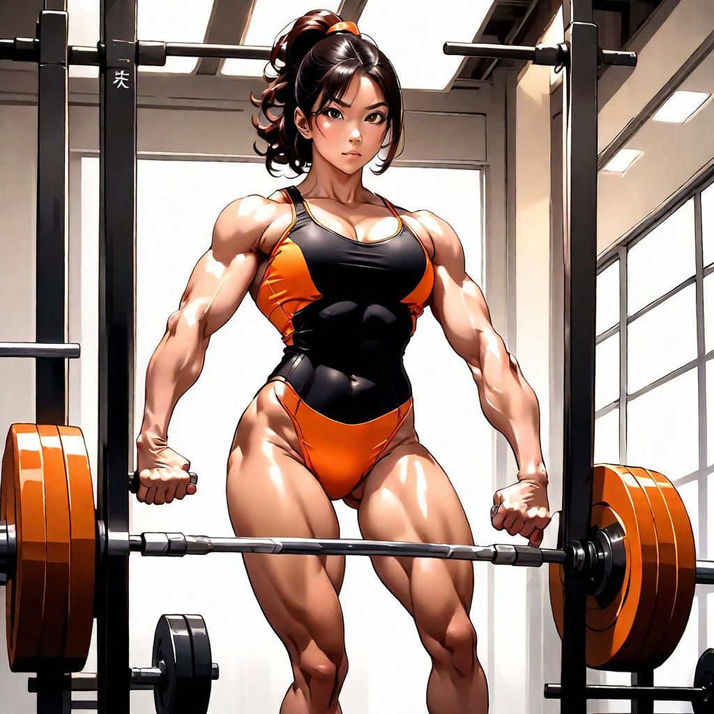 Muscular Asian Bodybuilder Lifts Barbell, Anime Style