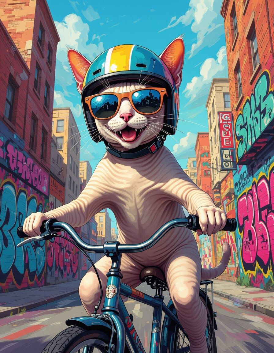 Smiling Sphinx Cat Rides Bicycle in Graffiti City