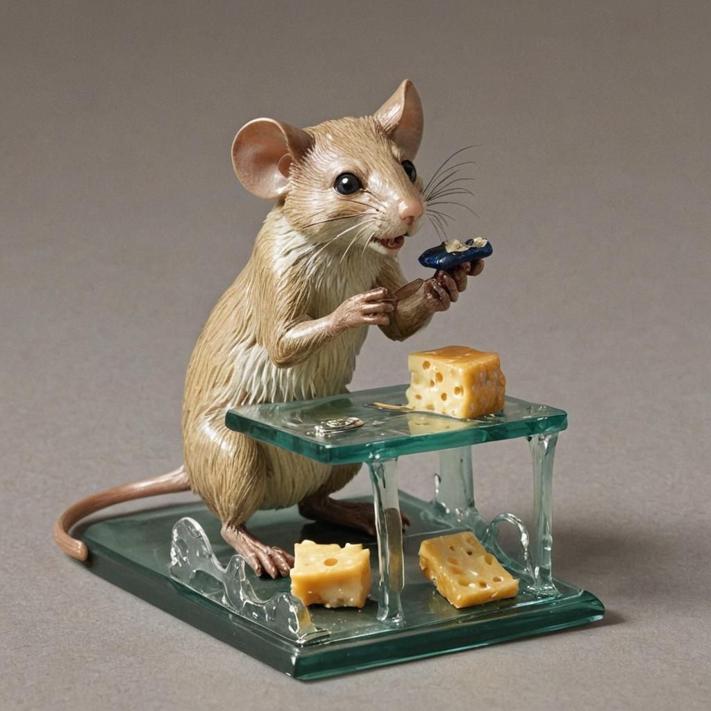Glass Mouse Steals Cheese: Enameled Figurine