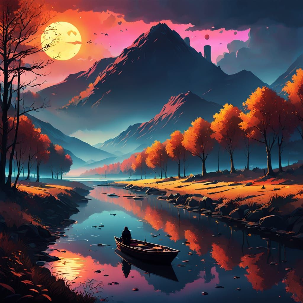 Ethereal Autumn Scene in Cyberpunk Neon Hues