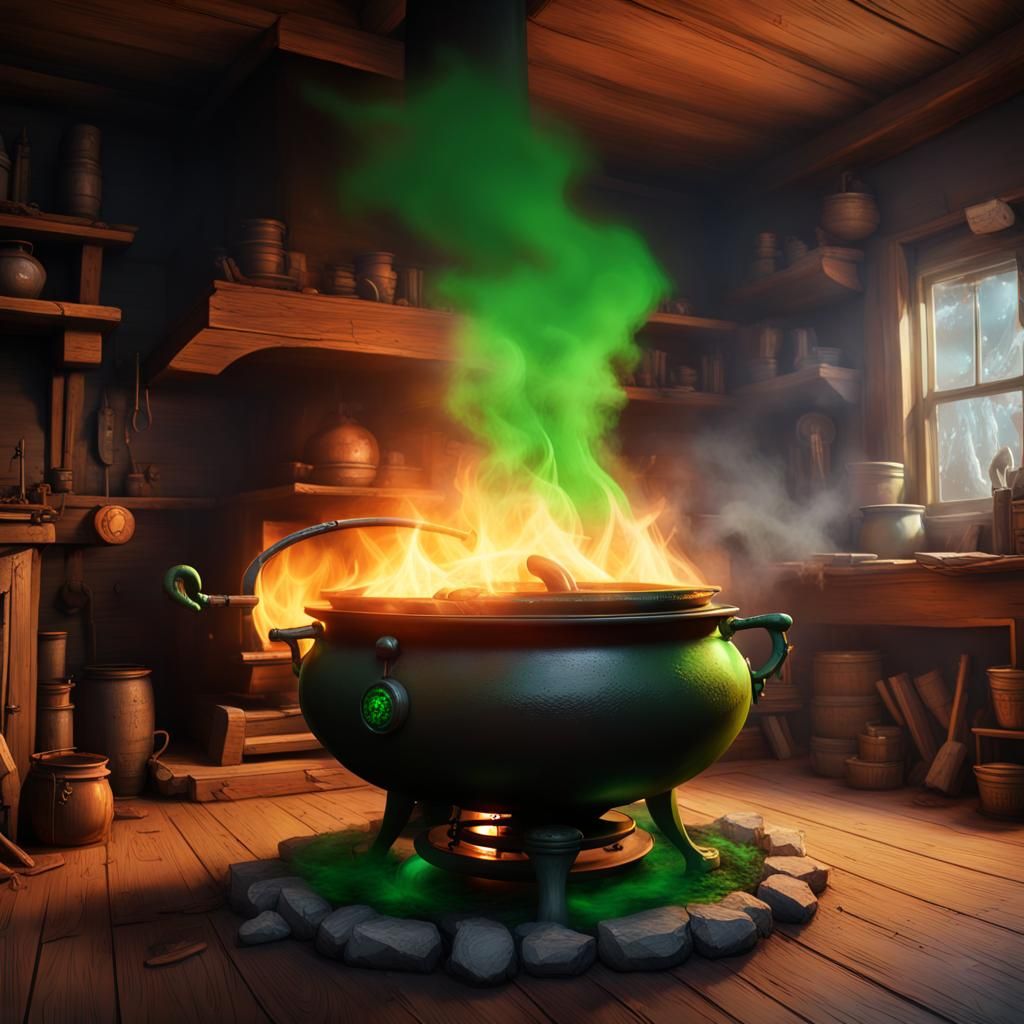 Talking Woodstove Brews Potion in Dark Fantasy Style