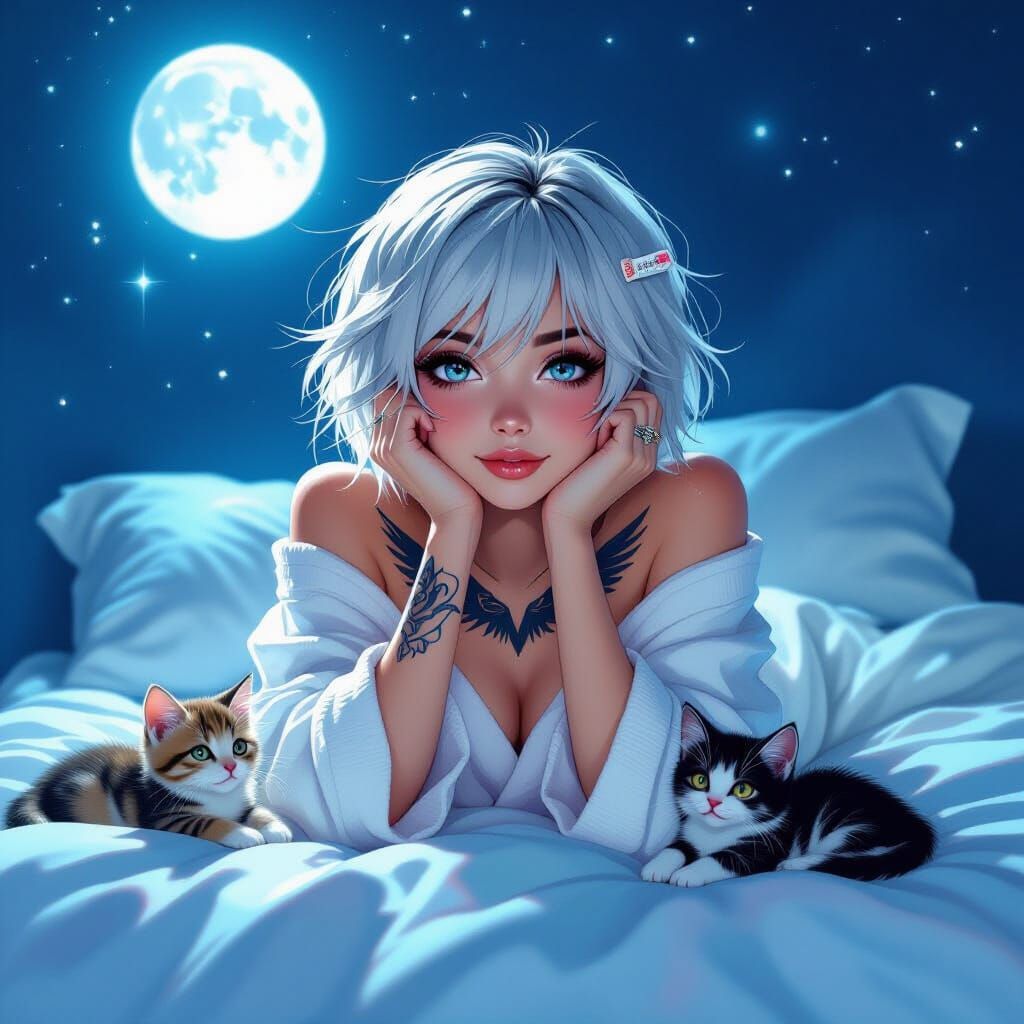 Emo Woman with Wing Tattoo and Kittens in Moonlight