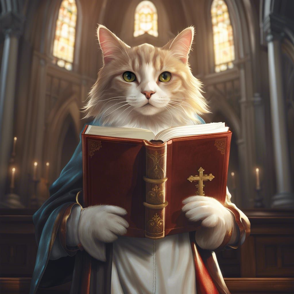 Cat Saint Portrait in Ornate Church, Digital Art