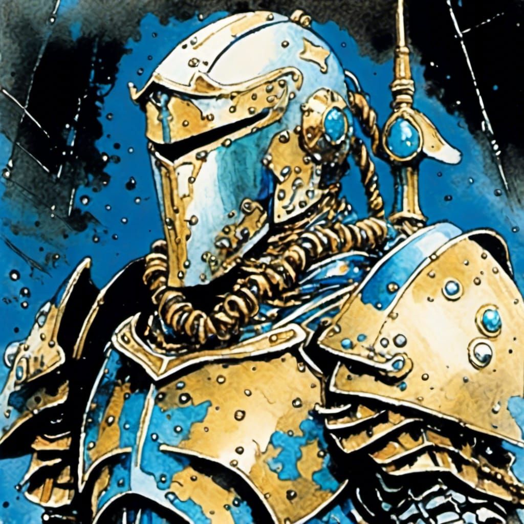 Cyber Knight in Pearlescent Armor, Watercolor Style