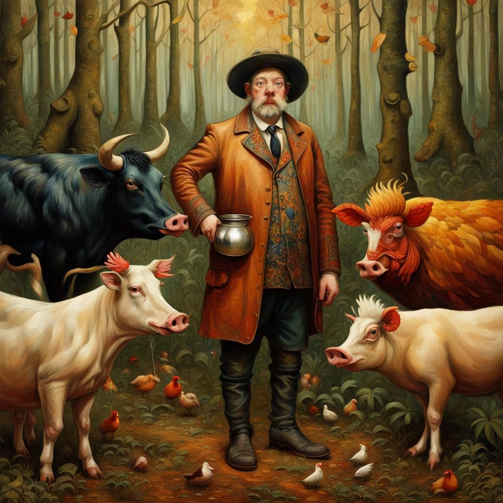 Humorous Forest Scene with Farm Animals and Man