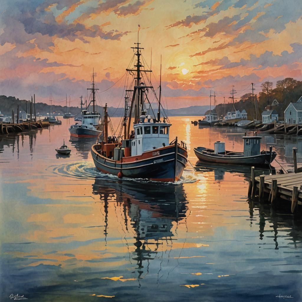 New England Harbor Sunrise: Gouache Impressionist Painting