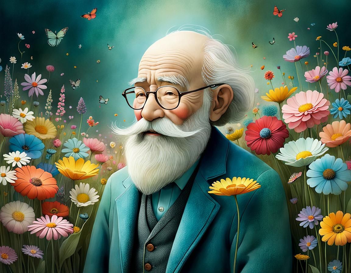 Floral Beard Whimsical Illustration of Old Man