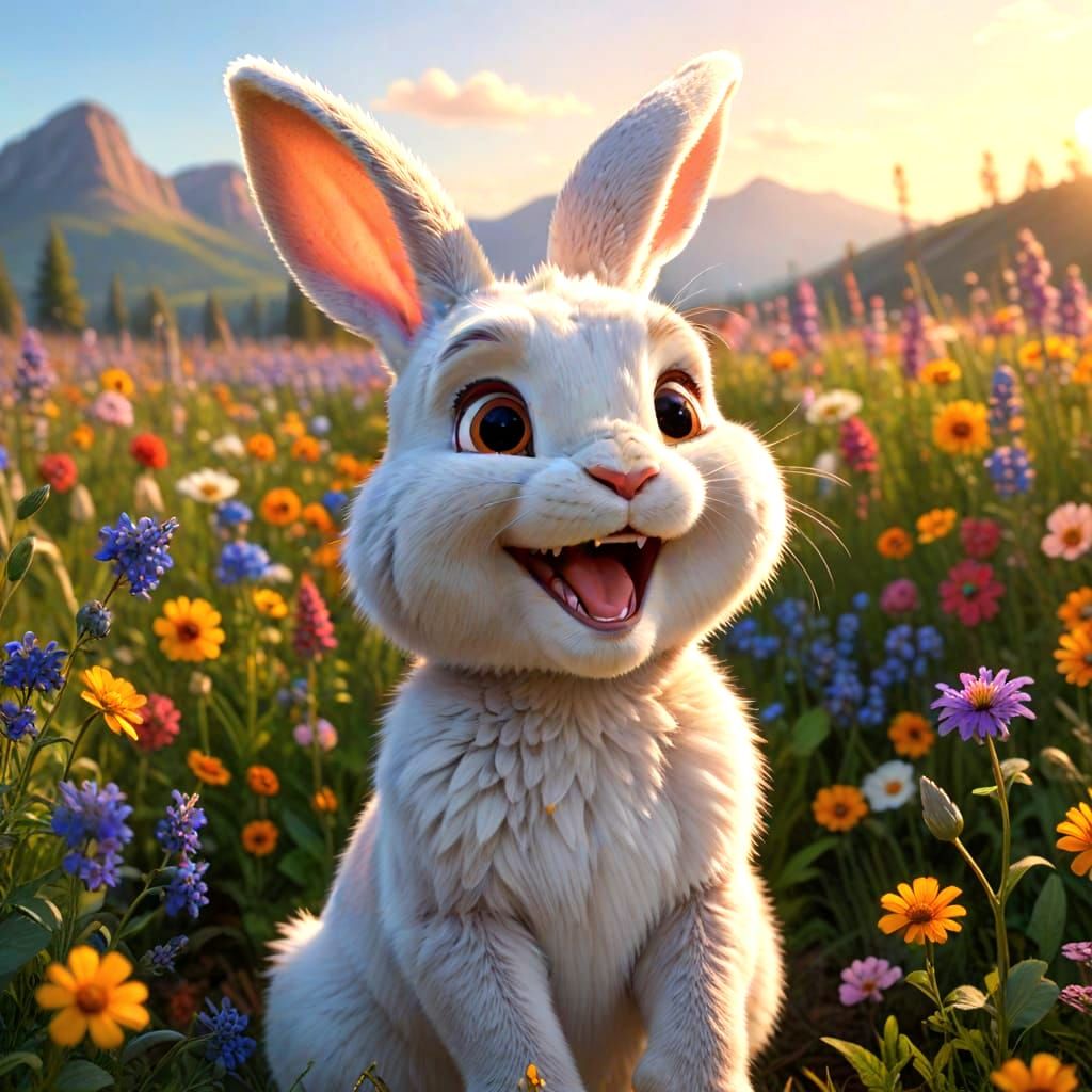 Funny Bunny Laughing in Wildflower Field, Pixar Style