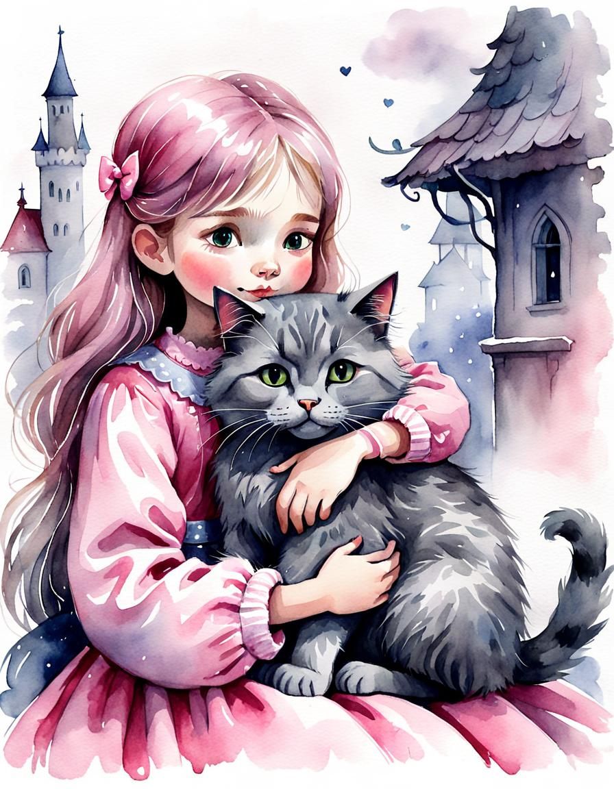Fairytale Girl and Grey Cat Watercolor Illustration