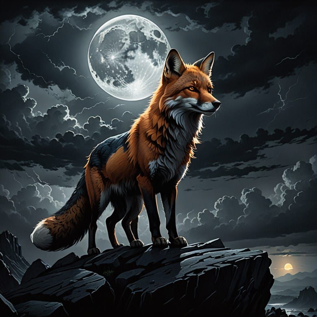 Lone Fox in Stormy Moonlit Sky: Dark Fantasy Illustration