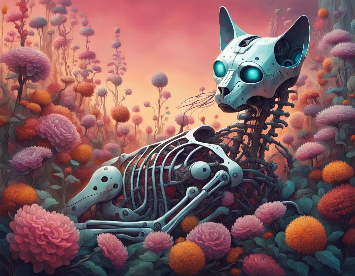 Skeletal Robotic Cat in Surreal Biomorphic Art
