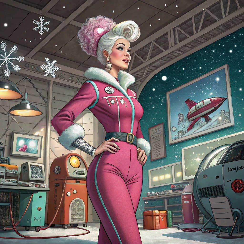 Retro Futuristic Mrs Claus in Space Age Inspired Jumpsuit