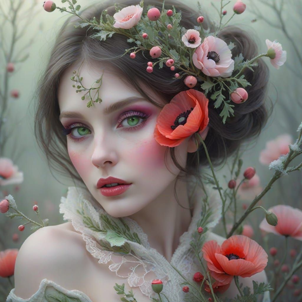 Ethereal Woman Portrait with Poppies in Winter Landscape