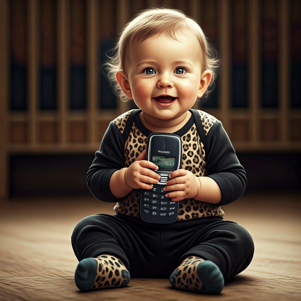 Chubby Baby Holds Vintage Nokia Phone with Joy