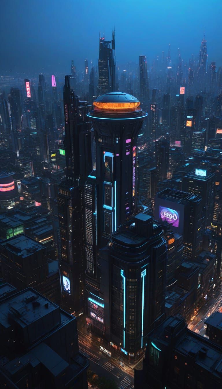 Cyberpunk Metropolis at Night: Neon Cityscape with Flying Ve...