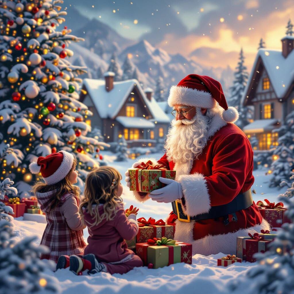 Santa Claus Gifts Children Amidst Snowy Homes