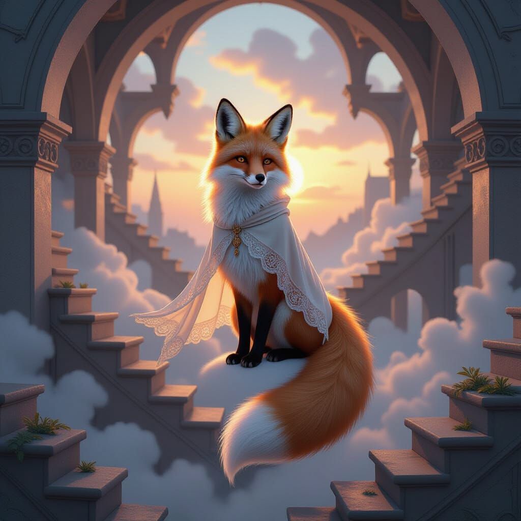 Surreal Fox Levitation in Escher-Inspired Realm