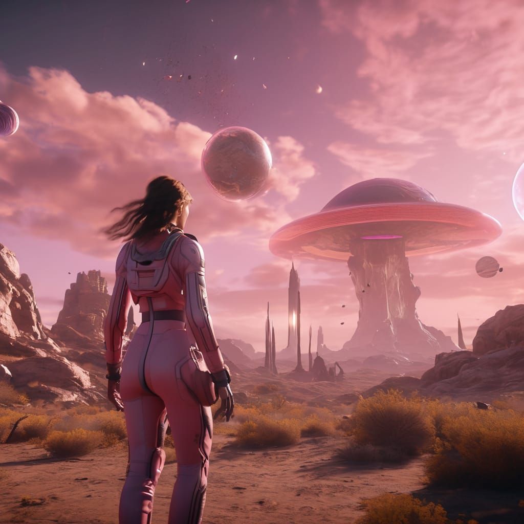 Woman Walks in Alien Landscape with Pastel Nebulas