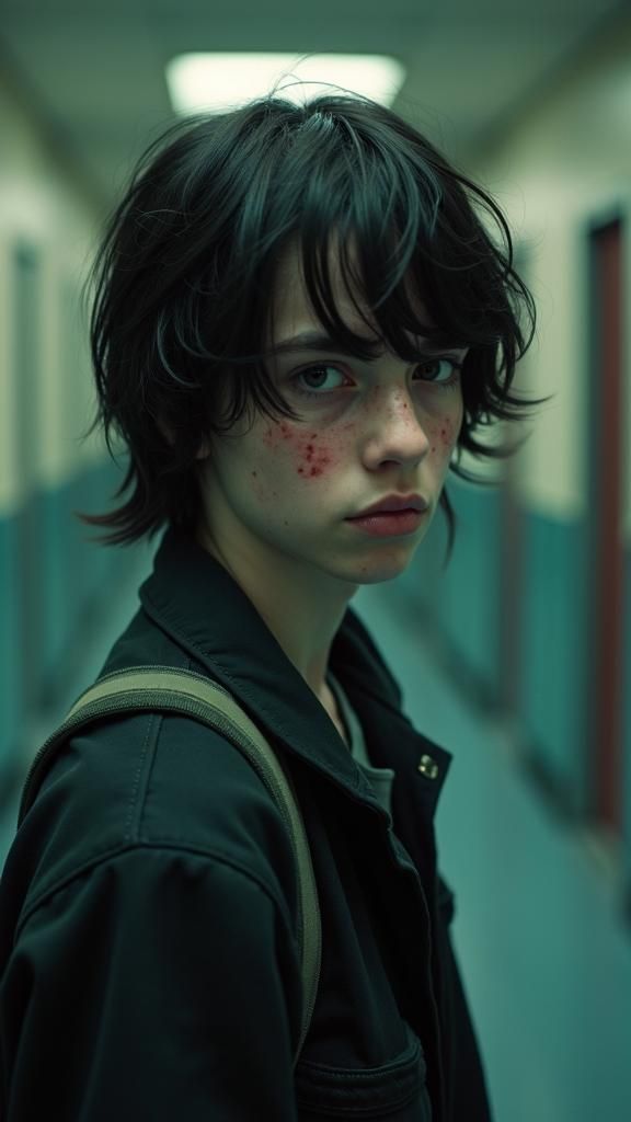 A teenager with emo hair, a skinny pimply face and wearing s...