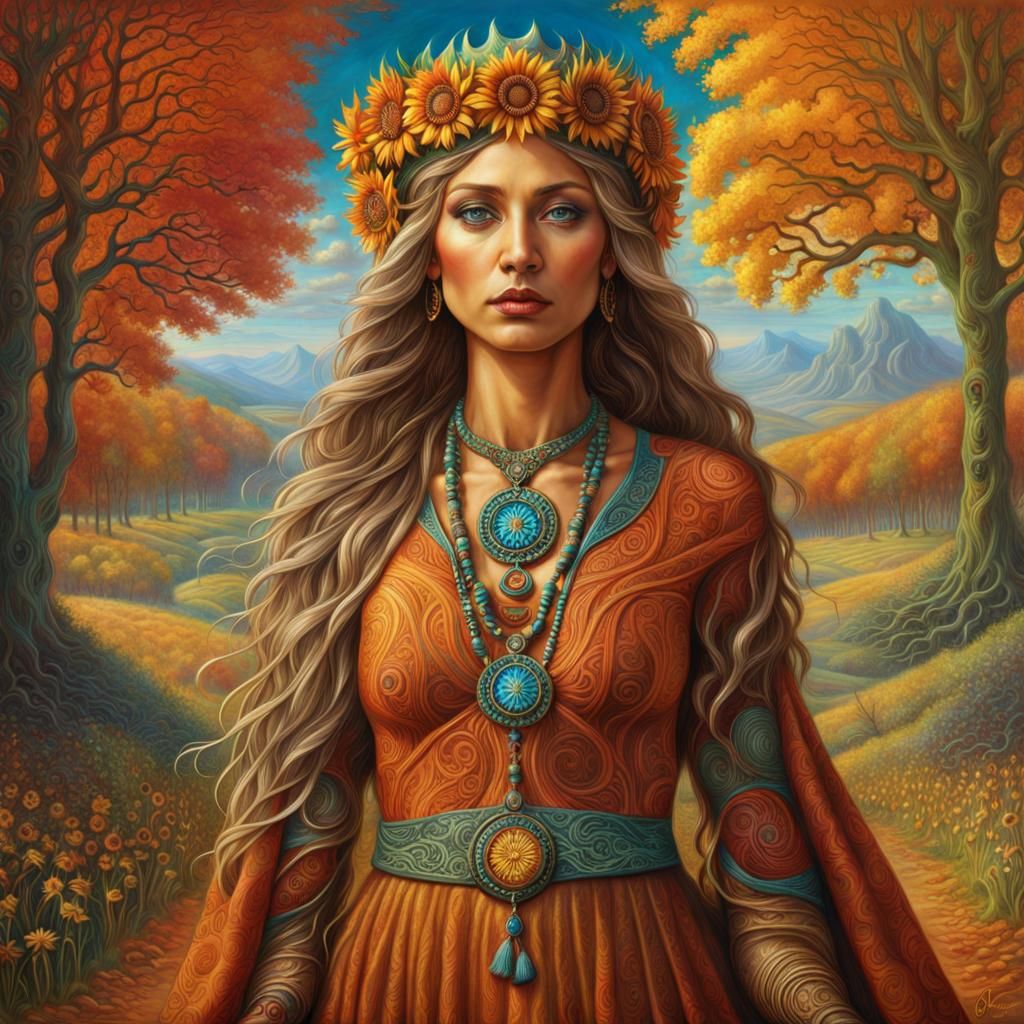 Pagan Hippy Goddess in the style of Peter Gric, Alex Grey, and Amanda Sage