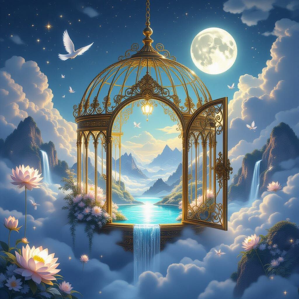 Celestial Dreamscape With Golden Birdcage In Clouds