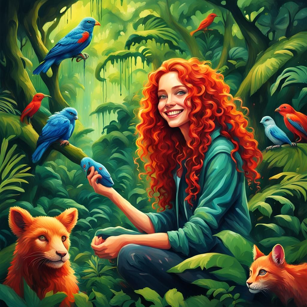 Smiling Woman in Rainforest: Graffiti Art Style